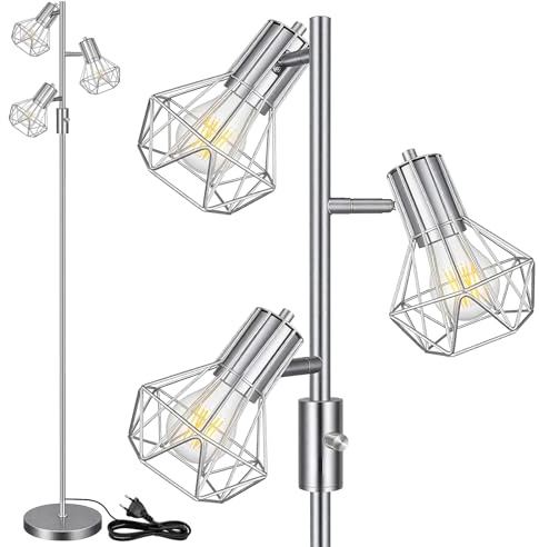 HiBay Stehlampe Dimmbar LED E27 3 Flammig Leselampe Silber Modern Standleuchte Wohnzimmer mit 3x8W 800LM E27 für Schlafzimmer, Büro, Kinderzimmer | LED Stehlampe mit Stecker Metall 2M Drehbare 360° 800LM 230V für Schlafzimmer Büro Kinderzimmer inkl. 3x8W E27 Lampe