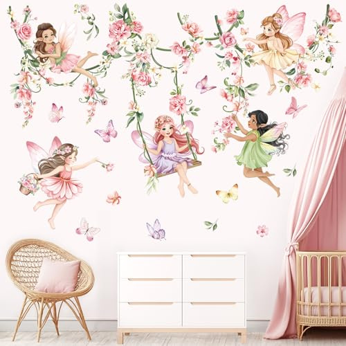 decalmile Stickers Muraux Fleur Fée Rose Autocollant Mural Elfes Floral | Stickers Décoratifs Muraux Peel and Stick, Décoration Murale Amovible et Sûre pour Murs, Sticker Mural Couleurs Vives