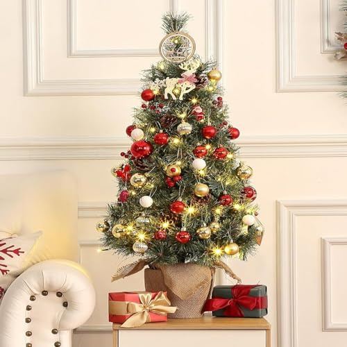 Garvee 95cm Weihnachtsbaum Künstlich mit 78 Beleuchtung Kleiner Weihnachtsbaum mit Batteriebox 8 Modi LED Tisch Weihnachtsbaum mit Tannenzapfen und roten Beeren geschmückt für Weihnachten