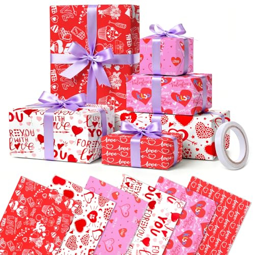 TIECHI Wrapping Paper, 6 Sheet Love & Heart Birthday Wrapping Paper for Girls Women, Pink Gift Wrap for Valentines, Birthday, Wedding