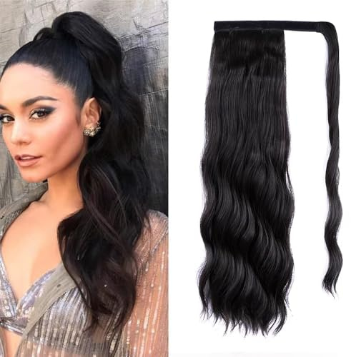 Lång ponytail hårförlängning lockigt vågigt syntetiska hårstycken wrap rund ponny svans hårdel hårponny förlängning för kvinnor flickor (30 cm svart, 50 cm)