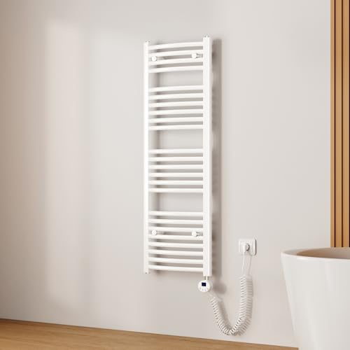 EMKE Scaldasalviette Elettrico Bagno,Curvo,120 x 40cm, 500W,Termoarredo Asciugamani da Bagno con WIFI Termostato,Bianco,Radiatore da Bagno