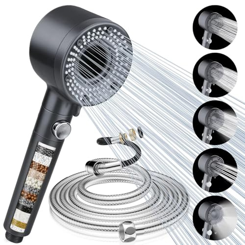 TOPAHGOD Pommeau de Douche avec Filtre, Pommeau Douche Haute Pression Economie Deau, Anti Calcaire Douchette Salle de Bain avec Tuyau 2M, Shower Head avec 5 Modes de Jet pour l'eau Dure