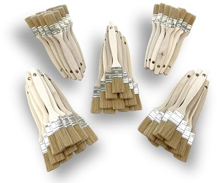 Kibros Lot 50 pinceaux Queue de morue Soie Blanche 30 mm | Soie blanche naturelle, manche bois brut, pinceaux plats, peinture huile acrylique glycéro, usage jetable.