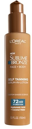 L'Oreal Paris Sublime Bronze Hydrating Self Tanning Serum-In-Lotion, Self Tanner for Face and Body with Coconut Water and Hyaluronic Acid, Provides Natural-Looking Color & 72 HR Hydration, 5 Fl Oz