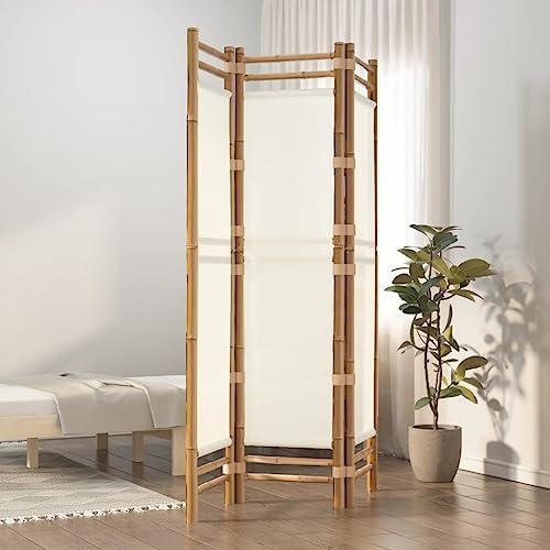 Paravento Pieghevole a 3 Ante in Bambù in Bambù e Tela, Suddivisione Spazi e Privacy, Separa Divisorio Interno, Paravento da Interno, Adatto per Soggiorno e Balcone, Bianco Crema, 120 x 180 cm