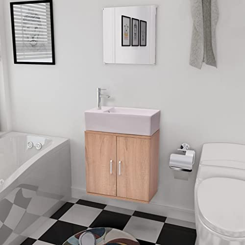 Xiziyuemaoyi 3-Piece Bathroom Furniture Set with Washbasin, Beige, 48 x 25 x 48 cm Bottom Cabinet, Ceramic Countertop Washbasin, Wall Mounted for Bathroom