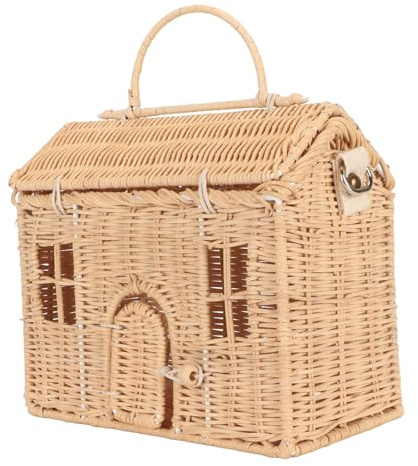 Asixxsix Handvävd Rottingväska, Husform med Stor Kapacitet Vintage Korgväska Bekvämt Handtag Strandväska med Justerbar Rem för Resor Beach Resort, Crossbody-väska