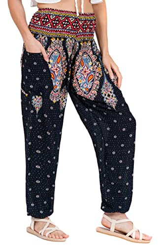 Lofbaz Femmes Floral Smocked Taille Harem Pantalon Boho Vêtements Noir XL