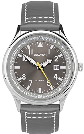 Sekonda Fly Men's 42mm Pilot Watch Alloy Case Analogue Display Date Window Leather Strap 50m Water Resistant