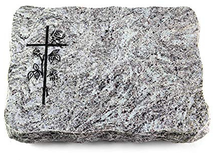 Wilhelmy Grabmale Grabplatte, Grabstein, Grabkissen, Urnengrabstein, Liegegrabstein Modell Pure 40 x 30 x 5 cm Marina Blue-Granit, poliert inkl. Gravur (Sandstrahl-Ornament Kreuz 2)