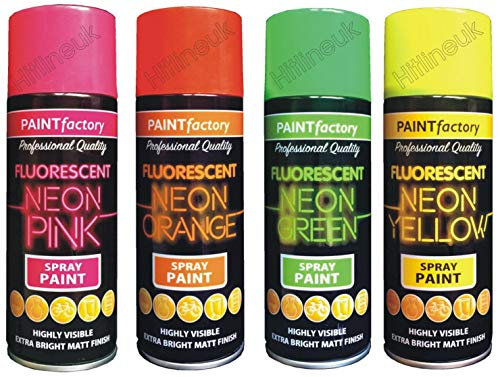 HitlineUK Fluorescent Neon Spray Paint Bundle 4 x 400 ml Cans (Pink Orange Green Yellow) Extra-Bright Matt Finish Graffiti & Multi-Surface Aerosol