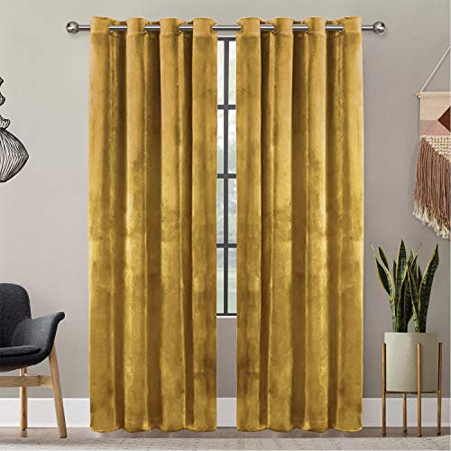 Oxford Homeware Ochre Blackout Curtains for Bedroom – 46x54 Inch Drop Crushed Velvet Curtains Ring Top - Thermal Insulated Eyelet Curtain for Living Room with 2 Tie Backs (116cm x 137cm)