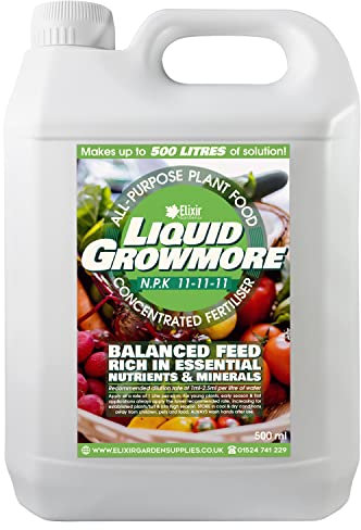 Elixir Gardens Liquid Growmore Concentrate | N.P.K 11-11-11 | 1-10 Litre Bottles Available | Vegetable, Fruit & Flower Food/Plant Fertiliser | 0.5 L Bottle - Makes up to 500L