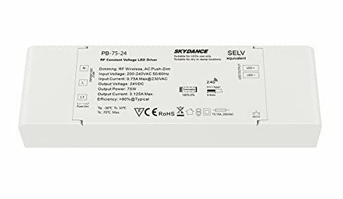 Trasformatore Alimentatore Dimmerabile 24V 75W con Pulsante N.O. Push Dimmer – Compatibile con Telecomando RF 2.4G (non incluso), Per Striscia LED 24V, Skydance PB-75-24