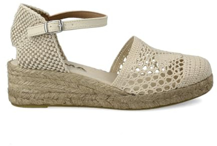 PAYMA - Sandali Bassi con Zeppa de Juta Sparto per Donna. Fatto in Spagna all'uncinetto. Espadrillas con Tacco Basso. Suola in Tessuto. Fibbia alla Caviglia. Colore: Beige. Taglia: EU 39