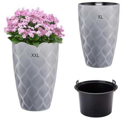 MELTOM Blumenkübel Blumentopf Pflanzkübel mit Herausnehmbaren Einsatz Rund 3D Effekt Dekorativ SET2: XXL+XL Grau