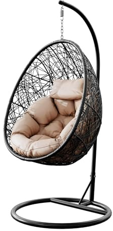 Mirjan24 Hängesessel mit Gestell und Kissen Bordia (Schwarz/Beige) | Hängestuhl aus Technorattan mit stabilem Stahlgestell und wetterfestem Kissen für Balkon, Terrasse, Garten oder Zuhause