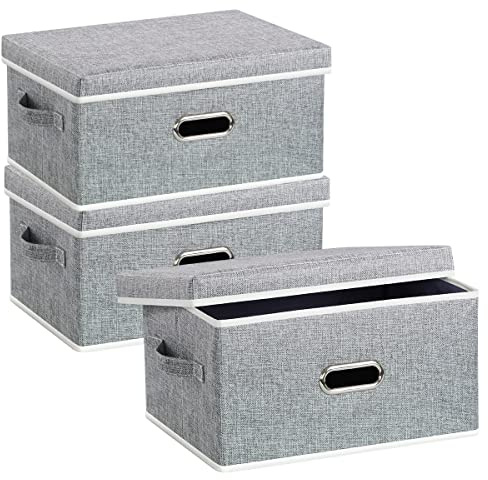 HORRAu Fabric Storage Boxes with Lids 3 Pack, Grey Collapsible Storage Bin 37x27x20 CM, 20L