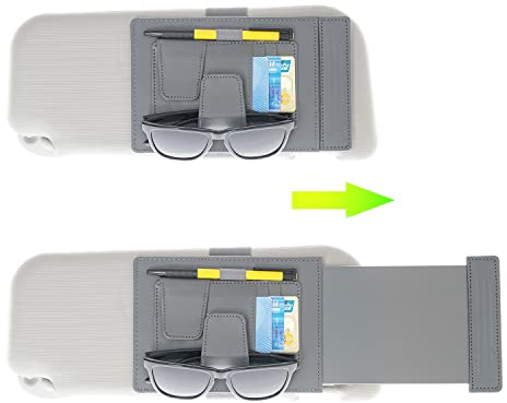 TFY Car Sun Visor Extender and Organizer, Universal Sunshade Anti-Glare, Vehicle Storage Holder for Sunglasses, Pens and Cards, Multi-Pocket Auto Interior Accessories - 1 Piece (Gray)