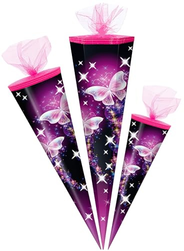 alles-meine.de GmbH Schultüte - Schmetterling & Sterne 50-85 cm Größe wählbar Zuckertüte - Tüllabschluß - eckig/rund - Mädchen - klein & groß - Geschenktüte - Schulanfa..