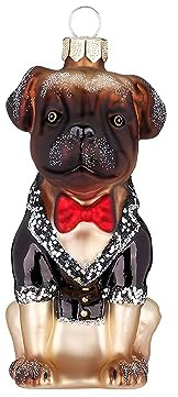 Christbaumschmuck Mops im Frack 9cm Glas - modischer Hund im Anzug zum Aufhängen Braun Beige - Weihnachtsbaum Anhänger Haustiere - Mode & Handbemalter Weihnachtsbaumschmuck