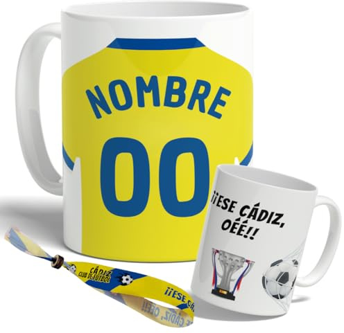 DEREGALOOS Taza Personalizada con nombre de Fútbol Cádiz. Tazas de Desayuno personalizada. Regalo Original para Aficionados del Futbol. Regalos Mundial Cádiz. Pulsera de regalo