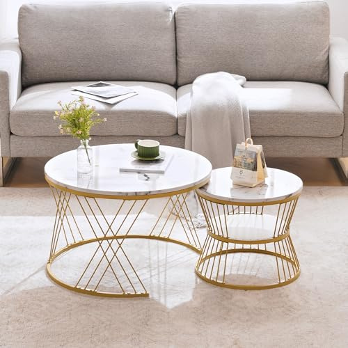 Merax Nesting Couchtisch, Hochglanz Couchtisch Satz,Moderne Nesting Couchtische: Satz von 2 Hochglanz-Tischen mit Marmor-Furnier und goldenem Rahmen Weiß