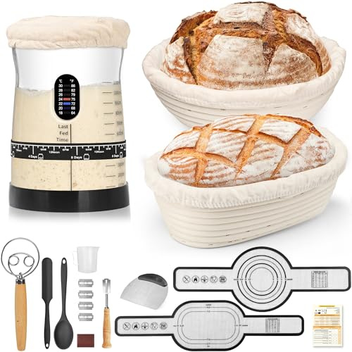 Coco Bird Sauerteig Starter Set – 1,5L Sauerteig Glas mit Thermometer, 2 Naturrattan Gärkörbchen (Rund & Oval), 17 Rezepte, Brotbackset inkl. Teigbesen & Brot backen Zubehör für Anfänger & Profis | Komplette Sauerteigwerkzeuge, 17 Rezepte, Fermentations-Tracking, Teigbesen, Brotlame, Bankschaber, Silikon-Transferschlingen