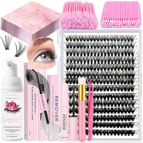 Qiveaory DIY Lash Extension Kit 280pcs Individual Lash Clusters 40D 12-18mm with Lash Bond and Seal Glue Remover Tweezers Eyelash Shampoo Lash Brush Mini Applicator for Eyelash Extensions at Home