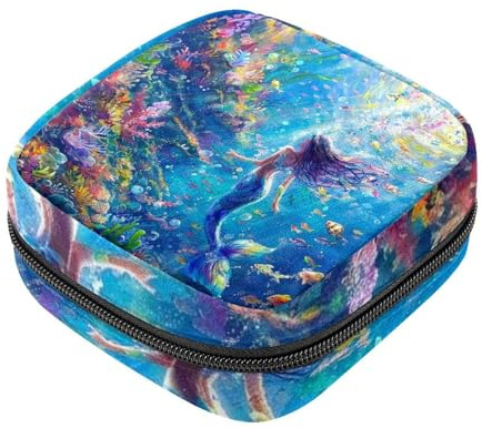 Sea World Damenbinden-Aufbewahrungstaschen, Meerjungfrauen-Menstruationspad-Tasche, Oxford-Tuch, Menstruationstassenbeutel, Stillunterlage, Tampon-Periodenbeutel mit Reißverschluss, für Teenager,