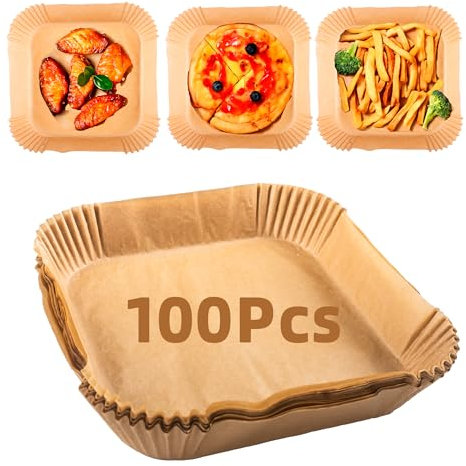100 Pcs Papier Cuisson Air Fryer, Moule Air Fryer, Papier Sulfurisé pour Air Fryer Accessoires, Papier Air Fryer 20x20cm pour Friteuse à Air Chaud, Poêle à Frire, Micro-ondes (100)