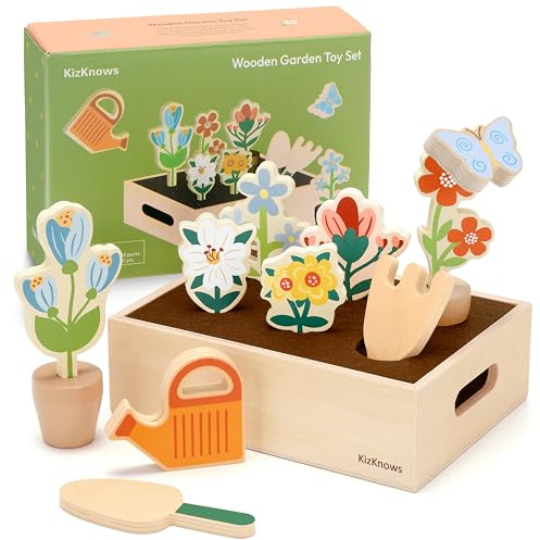 KizKnows Holz Blumengarten Spielzeug Blumen-Set Gartenspiel Montessori Spielzeug Rollenspiel Spielzeug Geschenk für Jungen und Mädchen ab 3 Jahre