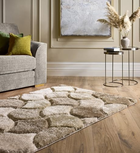 Lord of Rugs 3D Scallop Shaggy Rug for Living Room Bedroom Carpet Soft Silky Fluffy Thick Pile Area Rug Natural Cream Beige, Small 80 x 150 cm (2'6x5')