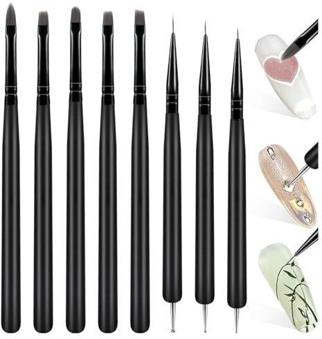 Pinceau Nail Art Ongles, 8 Pièces Outils de Manucure, Pinceaux UV Construction Fin Liner, Plat, Rond French Manucure, pour DIY Nails Art (Black)