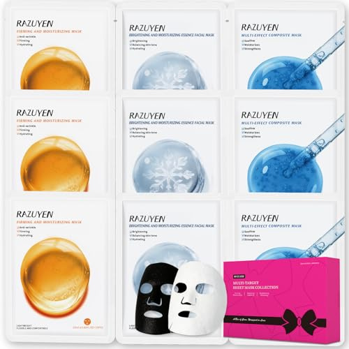 RAZUYEN Set Maschere Viso 9 Anti-Invecchiamento, Illuminanti e Lenitive