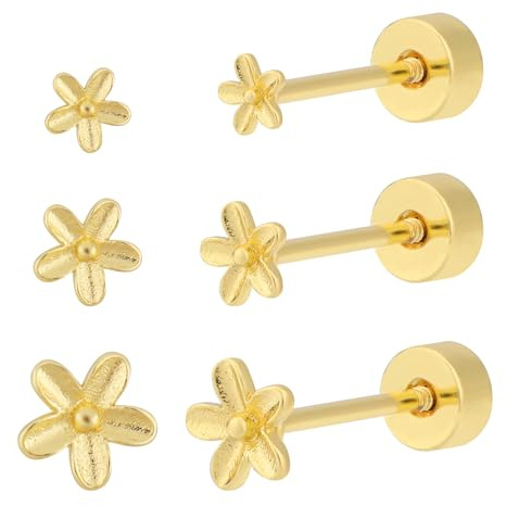 3 Pairs Gold Flat Back Stud Earrings for Women, Tiny Cute Screw on Earring Backs Flatback Studs Lightweight Statement Piercing Jewelry Gift, 3mm 4mm 5mm (Flower Style)