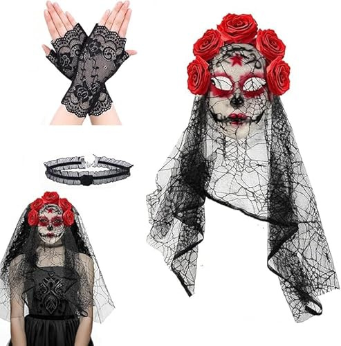 WZBBJuser Karneval Blumen Maske mit Schleier, Rosen Maske Damen, Karneval Maskerade Kopfschmuck Set mit Schleier, Handschuhen und Halsband, für Karneval Cosplay Party