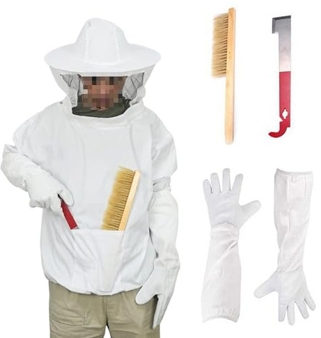 ERMWALR Imkeranzug mit Handschuhen und Imkerwerkzeugen Kapuzen-Imker-Schutzanzug Imkereibedarf Bienenstockbürsten und J-Haken-Schaber the Beekeeper Stichfeste Kleidung