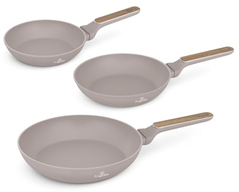 Berlinger Haus Juego de Sartenes Antiadherentes 3 Piezas, Fabricadas en Aluminio Forjado para Inducción con Mango Ergonómico, Libres de PFOA de la Colección Nórdica Taupe