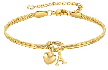 TINGN Bracelet en Or pour Femmes et Filles - Bracelet à Nœud Plaqué Or 18K avec Lettres Personnalisées, Pendentif en Forme de Cœur, Bracelets Nœud de l'Amour, Cadeaux pour Femmes, Amie, Fille, 20 cm