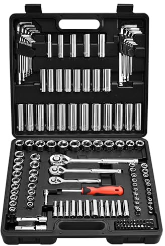 VEVOR Set di Bussole, 149 Pezzi, Set di Bussole e Cricchetti da 9,5/6,4/12,7 mm, SAE e Metriche, Profonde e Poco Profonde, con Punte, Accessori e Custodia, Acciaio Legato CR-V, per Riparazioni Auto