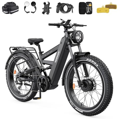 TESWAY X9 Dual Motor Electric Bike, 200KM/120 Miles Long Range Ebike, 60V 30A(Camo) 1800Wh/ 25A(Other) 1500Wh, 26 240NM Fast Fat Tyre Full Suspension AWD E-Bikes