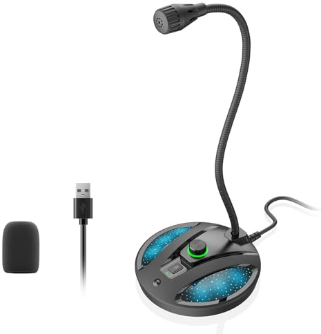 CMOCIIY USB Microphone for PC, Plug & Play Computer Mic with Noise Cancelling & Mute, Flexible Gooseneck Desktop Mic for Podcasting, Streaming, Video Conferences, Compatible with Windows & Mac