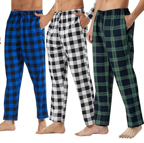 BEGIANT Lot de 3 Bas de Pyjama Homme à Carreaux Pantalon de Nuit avec Poches et Cordon de Serrage Pantalon de Détente Léger