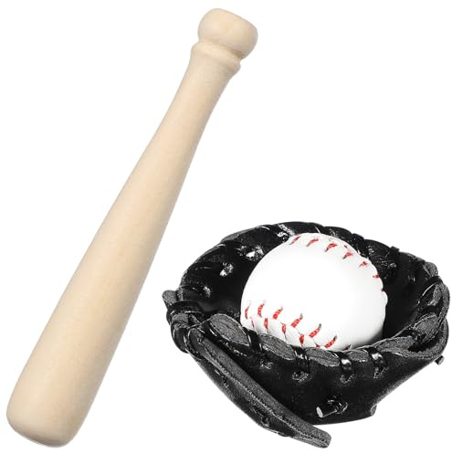 LRXIYODE Mini Set Béisbol 3 Piezas para Decoración de Mini Casa Guante PU Negro Bate Madera y Pelota Juguete Miniatura Accesorios para Casas de Muñecas