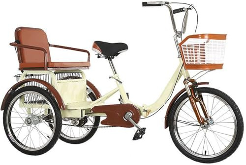 Bicicletta tandem per adulti a 3 ruote da 20 pollici, doppia catena, doppio freno, ideale per coppie/genitori e figli, con cestino posteriore per svago, shopping e picnic, colore beige.
