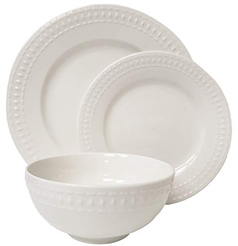 Tabletops Gallery Embossed White Porcelain Round Dinnerware - Bloom 12 Piece Dinnerware Set