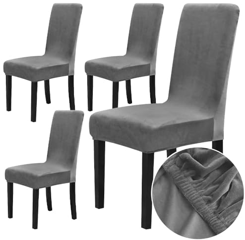 Chickwin Stuhlhussen 4er Set, Samt Dehnbarer Stuhlbezug, Waschbarer Hohen Zurück Stuhlhussen Slipcover Für Esszimmer, Hotel, Küche, Bankett, Partys,Abnehmbaren Stuhl Schutz -Grau