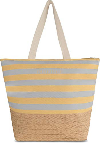 normani XXL Strandtasche mit Reißverschluss, Henkeln und Innentasche - Shopper groß - Damen Schultertasche beach bag gestreift- große Tasche mit Stroh 23 Liter Farbe Gelb